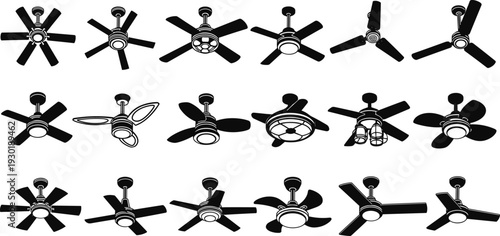 Set of black silhouettes of various ceiling fans with lights for home interior cooling ventilation and electrical appliance icons for domestic interior design