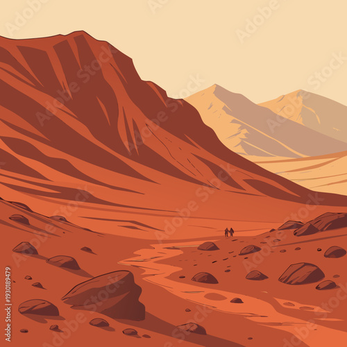 Two explorers trekking across a vast, barren Martian landscape with red mountains and rocky terrain, epic sci-fi exploration.