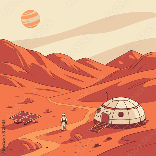Astronaut standing outside a dome habitat on Mars with solar panels, illustrating space colonization and planetary exploration.