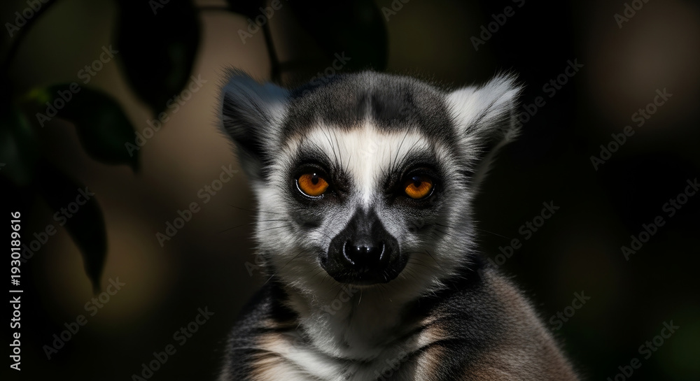Fototapeta premium Close-up portrait of a ring-tailed lemur, Lemur catta, with a curious expression, sitting in a natural setting with green foliage, conveying a sense of endangered species and conservation