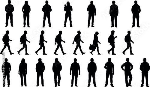 Set of black silhouettes of people walking and standing in various poses with backpacks isolated on a white background