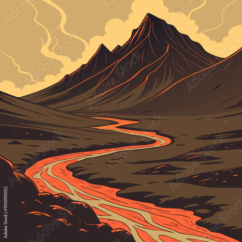 Dramatic illustration of a winding lava river flowing through a desolate volcanic landscape towards a majestic, fiery mountain peak under a hazy sky.