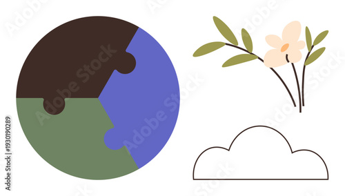 Environmental awareness. Vector illustration. conservation, nature protection, sustainability, ecology, future planning. Puzzle-piece Earth, flower and cloud. Environmental awareness harmony balance
