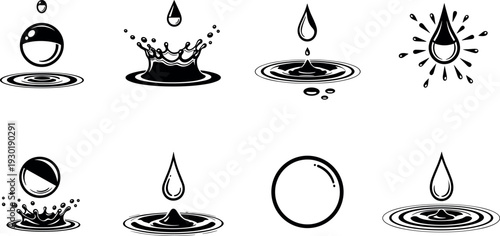 Set of minimalist black and white water drop icons featuring liquid splashes ripples droplets and bubbles for clean graphic design