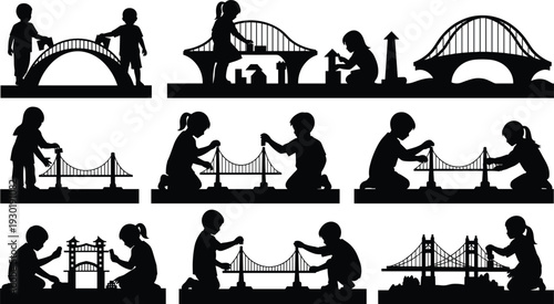 Set of black silhouettes of young children playing with bridge models for educational development engineering concepts and architectural building games for creative learning