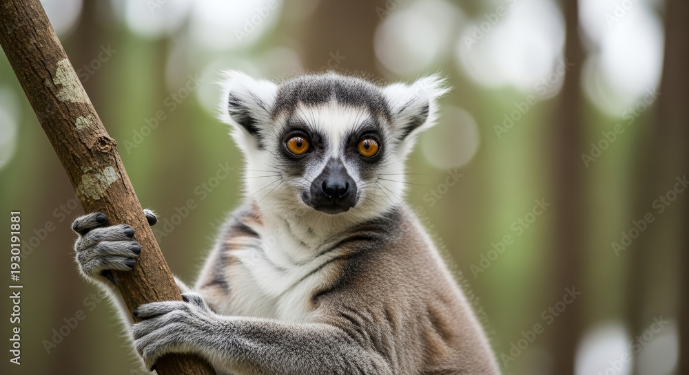 Obraz premium Close-up portrait of a ring-tailed lemur, Lemur catta, with a curious expression, holding a branch in a forest habitat with natural light, conveying a sense of wildlife and conservation.