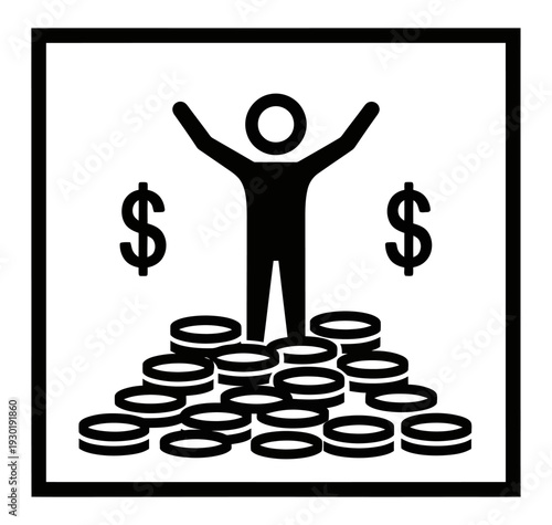 Stick figure person standing on a large pile of coins with dollar signs, symbolizing wealth and financial success and achievement.