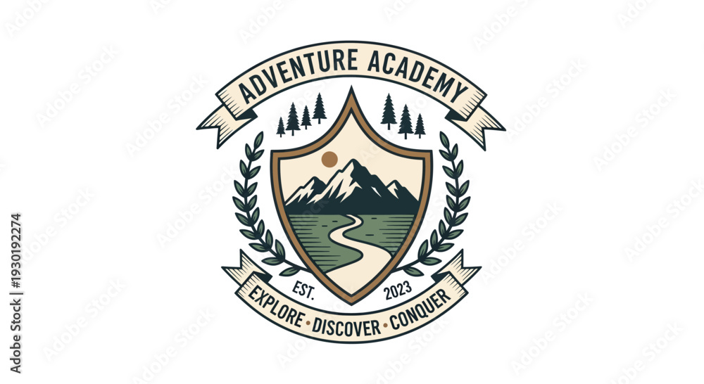 Fototapeta premium Adventure Academy Emblem with Mountains and River.