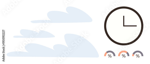 Weather updates. Vector illustration. forecasting, meteorology data, climate tracking, environmental analysis, time management. Clock with clouds and percentage gauges. Weather forecasting meteorology