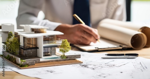 The house model on blueprints with architect sketching modern home plans