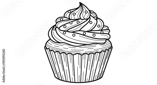 Hand-drawn outline of a cupcake with swirls of frosting and sprinkles, isolated on white background.