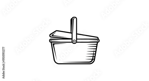 Hand-drawn Picnic Basket Icon with Lid and Handle, Simple Line Art Illustration