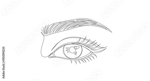Detailed Line Art Drawing of a Human Eye with Eyelashes and Eyebrow