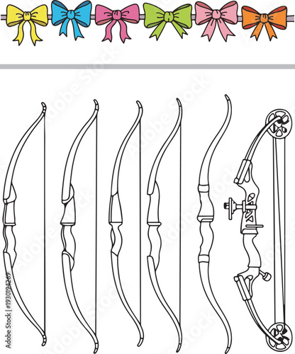 Vector set featuring a row of colorful hand-drawn ribbon bows above a collection of various archery bow outlines. A unique blend of decorative and sporting equipment illustrations.