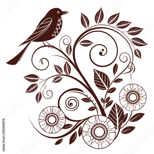 Brown bird on floral branch with leaves and flowers