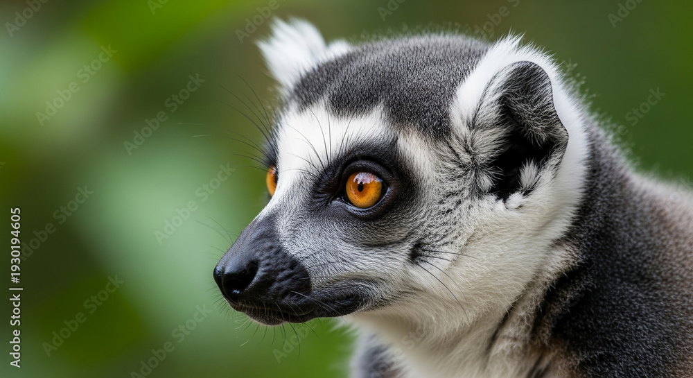 Obraz premium Close-up portrait of a ring-tailed lemur, Lemur catta, with a curious expression, showcasing its distinctive black and white fur and vibrant orange eyes against a blurred green forest
