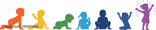Colorful flat vector illustration child growth development stages silhouette