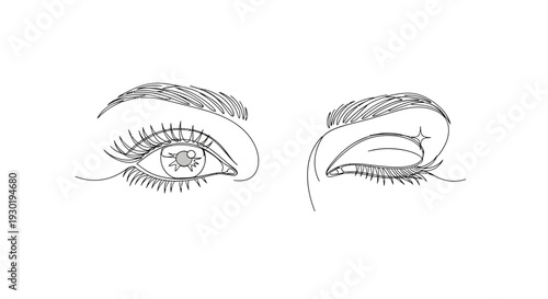 Close-up sketch of a woman's eye winking, with eyelashes and eyebrow detailed