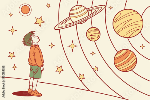 Boy looking up at planets and stars in space child