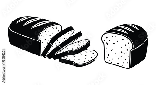 Sliced loaf of bread and a portion black and white silhouette