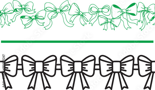 Vector set featuring seamless border patterns of bows. Top section shows hand-drawn green ribbon bows, while the bottom displays bold black outline bows. Ideal for gift wrap and card designs.