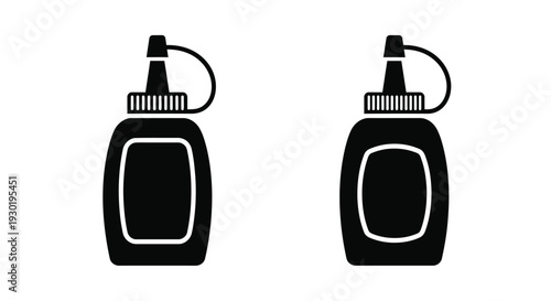 Two black ketchup bottles displayed side by side a graphic silhouette