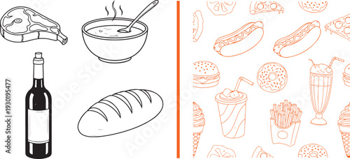Vector line art set with black outlines of steak, soup, wine, and bread on the left, contrasted with an orange seamless pattern of burgers, hotdogs, and fries on the right.