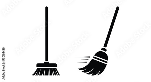 Two black brooms depicted in a minimalist striking silhouette