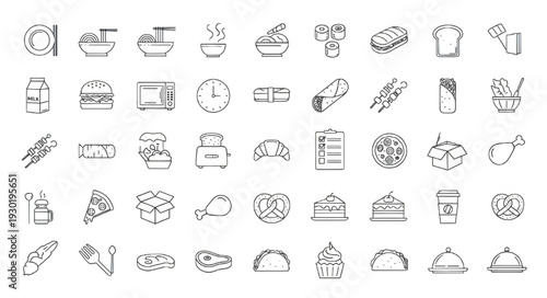 Breakfast and lunch food items linear vector icon pack