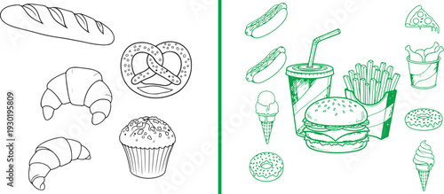 Green line art vector featuring two panels of food illustrations: bakery items like croissants and bread on the left, and fast food like burgers, fries, and soda on the right.
