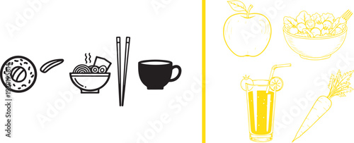 Minimalist vector featuring black icons of sushi, ramen, and tea alongside yellow outlines of an apple, salad, juice, and carrot. Ideal for healthy dining or fusion menu designs.