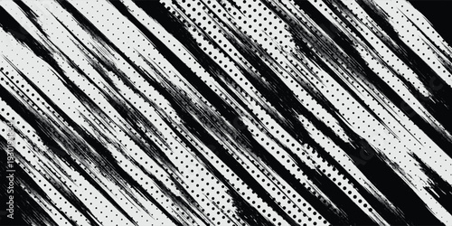 A black and white abstract background with a grunge-style halftone dot texture. A dynamic, worn design with a modern urban touch.