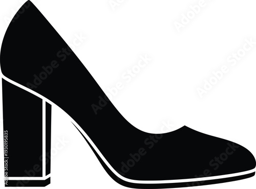 Black silhouette of a classic high heel pump shoe with a thick block heel on a white background