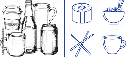 Vector illustration featuring black-and-white hand-drawn beverages alongside blue line icons of sushi, ramen, chopsticks, and a teacup. Perfect for cafe and restaurant menus.