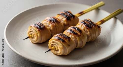 Grilled Chicken Satay on White Plate.