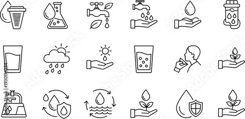 Collection of black line art vector icons illustrating concepts related to water quality purification testing consumption and environmental care