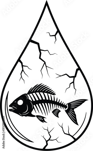 A powerful vector graphic illustration showcasing a skeletal fish within a cracked water droplet, symbolizing severe environmental pollution and water scarcity crisis.