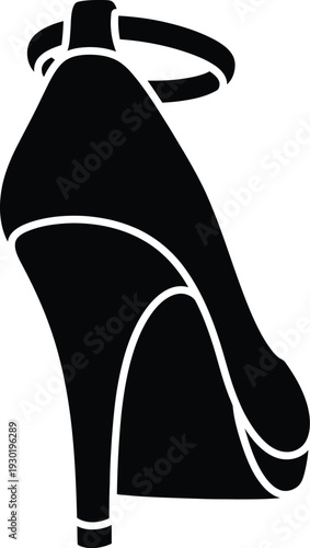 Black silhouette of a high heeled platform shoe with an ankle strap on white background