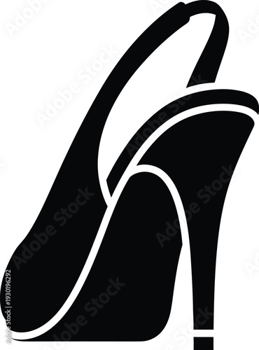 Simple black and white icon representing a stylish high-heeled slingback shoe for women.