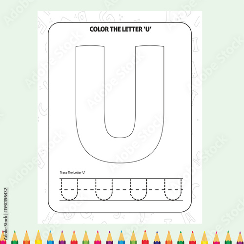 Color the letter U exercise for kids education worksheet, tracing lines for pre-school