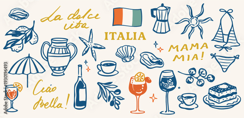 Hand drawn Italian lifestyle doodle set with wine, seafood, coffee, desserts, flag, and travel elements. Vintage sketch style illustration inspired by Italian culture for restaurant branding, travel d