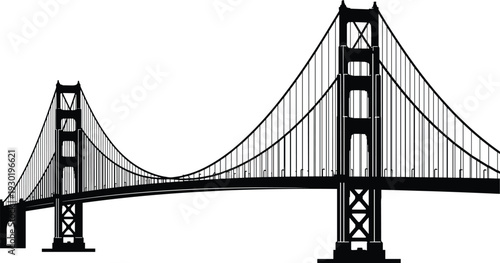 Golden Gate Bridge silhouette icon isolated on white background, San Francisco California landmark vector illustration, famous American architectural suspension bridge travel destination symbol