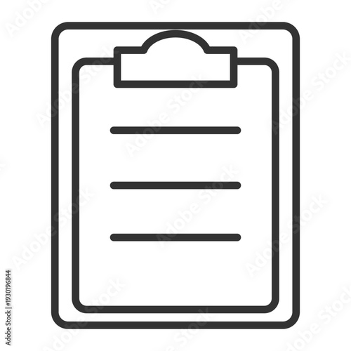 クリップボードに留めた書類のシンプルなアイコンイラスト、問診票やアンケートに使えるシンプル素材