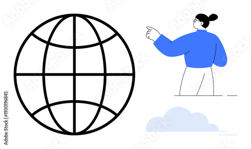 Global communication. Vector illustration. digital connections, internet, data sharing, global reach, innovation. Globe person pointing with clouds in the background. Global communication connections