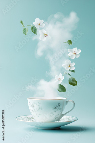Cup with hot herbal tea on pastel blue background