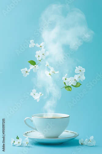 Cup with hot herbal tea on pastel blue background