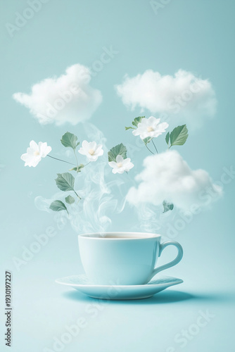 Cup with hot herbal tea on pastel blue background