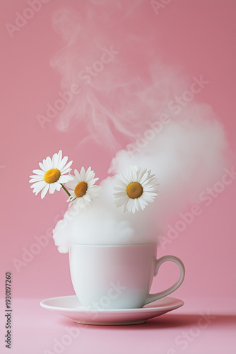 Cup of hot herbal tea on pastel pink background