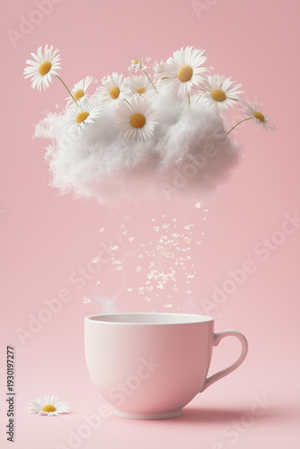 Cup of hot herbal tea on pastel pink background