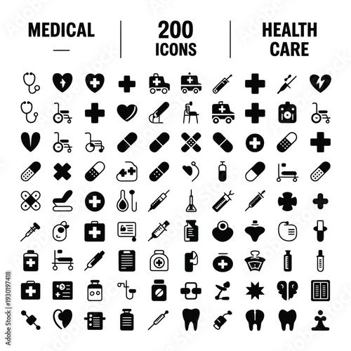 Collection of two hundred black medical icons representing healthcare and wellbeing